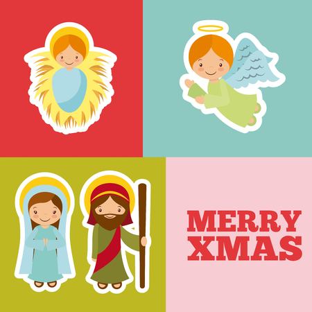 holy family charactes and angel inside a colorful squares. merry christmas card colorful design. vector illustrationのイラスト素材