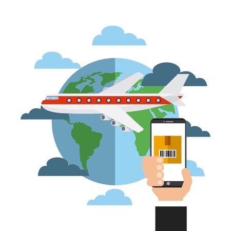 airplane with earth planet and human hand holding a smartphone device.export and import colorful design. vector illustrationのイラスト素材