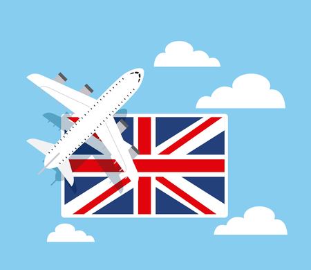 airplane vehicle and england flag over sky background. colorful design. vector illustrationのイラスト素材