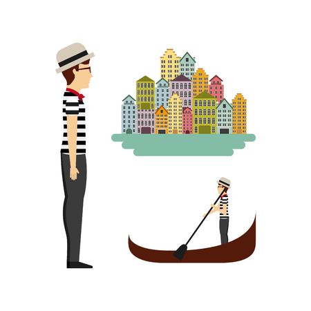 gondola boat and italian man.venetian city  iconic symbols  over white background. vector illustrationのイラスト素材
