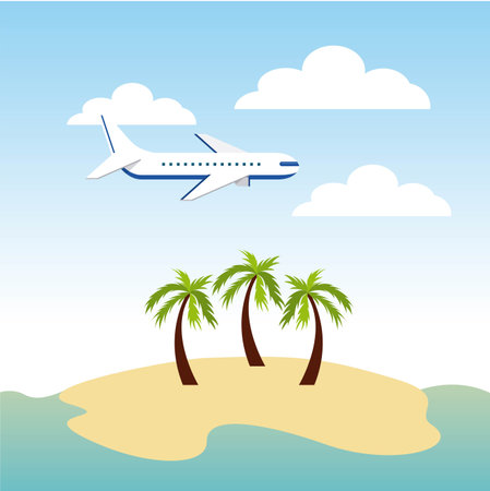 airplane flying over summer beach landscape with palms. colorful design. vector illustrationのイラスト素材