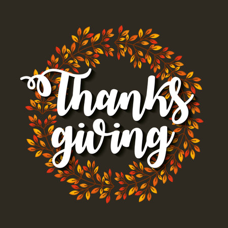 happy thanksgiving card with decorative wreath of leaves. colorful design. vector illustrationのイラスト素材