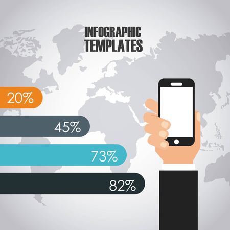 infographic presentation template with world map and hand holding a smartphone icon. colorful design. vector illustrationのイラスト素材