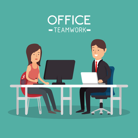 office teamwork woman and man working pc vector illustrationのイラスト素材