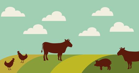 cow, pigs and chickens in farm landscape. colorful design. vector illustrationのイラスト素材