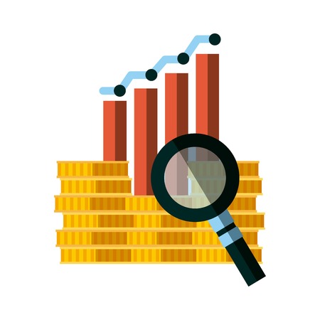 gold money coins with graphic chart and magnifying glass icon over white background. invest money and business concept. colorful design. vector illustrationのイラスト素材