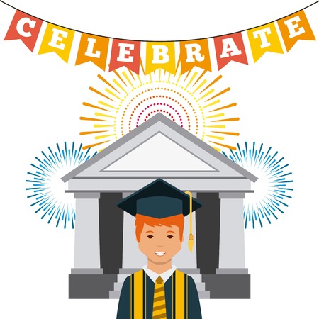 cartoon graduate man with decorative pennants and fireworks over white background. colorful design. vector illustrationのイラスト素材