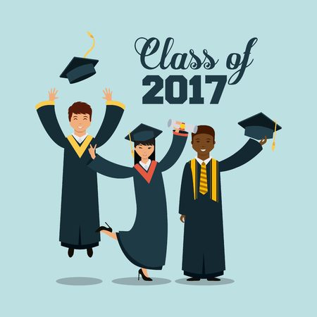 happy graduates jumping over blue background. class of 2017 concept. vector illustrationのイラスト素材