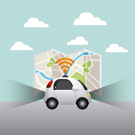 autonomous car vehicle with wireless waves over city map background. ecology,  smart and techonology concept. vector illustrationのイラスト素材