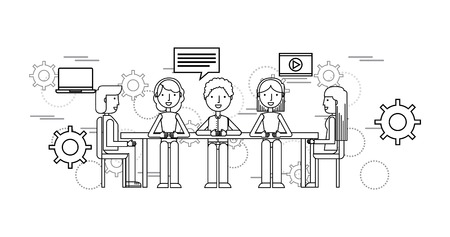 meeting on the table with workers over gears wheels and white background. business and strategy concept. colorful design. vector illustrationのイラスト素材