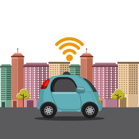 autonomous car vehicle with wireless waves over city background. ecology,  smart and techonology concept. vector illustrationのイラスト素材