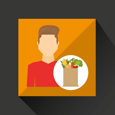 cartoon man red t shirt with shop bag healthy food vector illustrationのイラスト素材