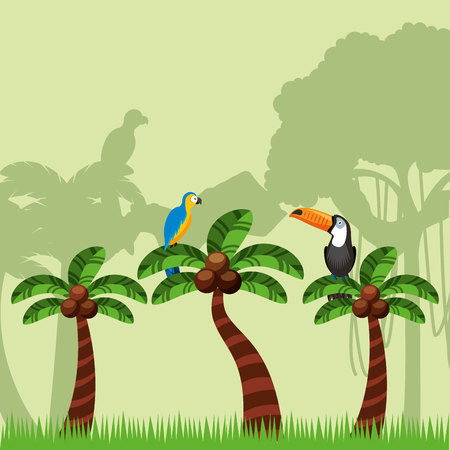 landscape of palms with macaw and toucan birds. brazil culture concept. colorful design. vector illustrationのイラスト素材