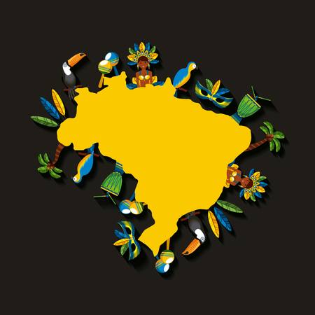 brazil country map with brazilian culture iconics around over black background. vector illustrationのイラスト素材