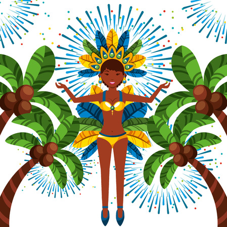 cartoon brazilian woman dancer around palms over white background. brazil culture concept. colorful design. vector illustrationのイラスト素材