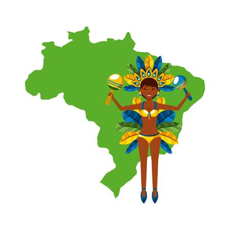 cartoon brazilian woman dancer icon over green country map and white  background. brazil culture concept. colorful design. vector illustrationのイラスト素材