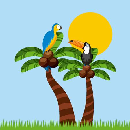 landscape of palms with macaw and toucan birds. brazil culture concept. colorful design. vector illustrationのイラスト素材