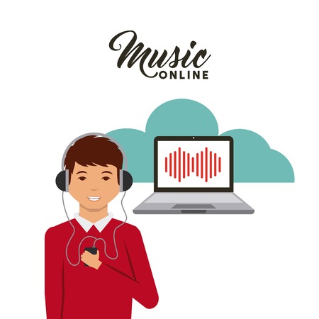 cartoon man with headphones and laptop computer. music online concept. colorful design. vector illustrationのイラスト素材