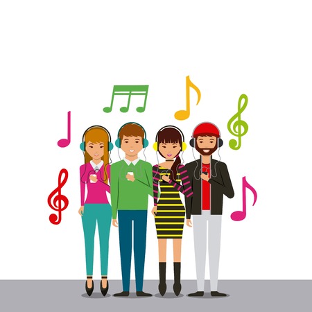 cartoon young people with headphones and wearing casual clothes over white background. colorful design. vector illustrationのイラスト素材