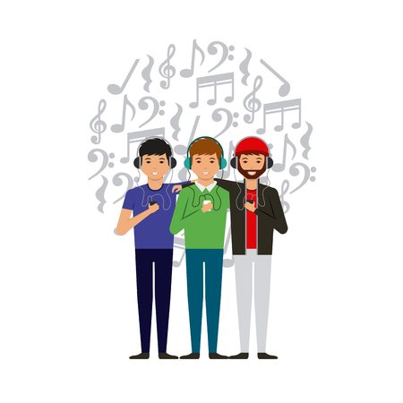 cartoon young people with headphones and wearing casual clothes over white background. colorful design. vector illustrationのイラスト素材