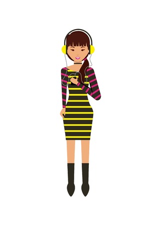 cartoon woman with headphones and wearing casual clothes over white background. colorful design. vector illustrationのイラスト素材
