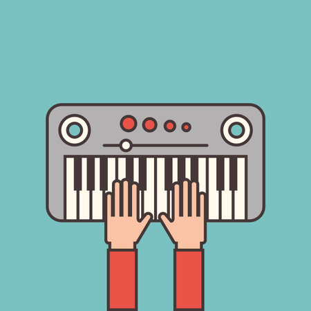 hands playing a piano instrument icon over  blue background. sound and music concept. colorful design. vector illustrationのイラスト素材