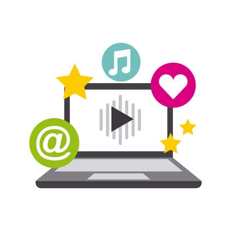 computer laptop with music and social media icons around. colorful design. vector illustratrationのイラスト素材