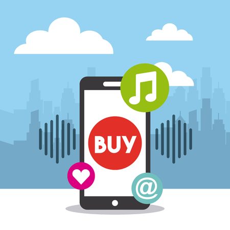 smartphone device with music and entertainment icons over city background. music and technology design. vector illustrationのイラスト素材