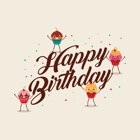 happy birthday card with sweet cupcake icon. colorful design. vector illustrationのイラスト素材