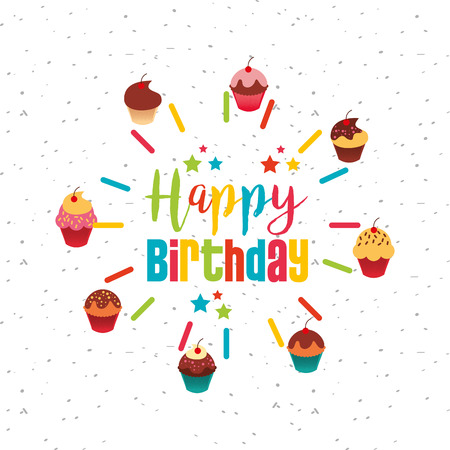happy birthday card with sweet cupcake icon. colorful design. vector illustrationのイラスト素材