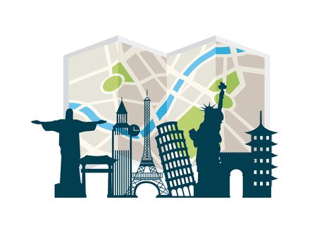 iconics monuments of the world and city map icon over white background. colorful design. vector illustrationのイラスト素材