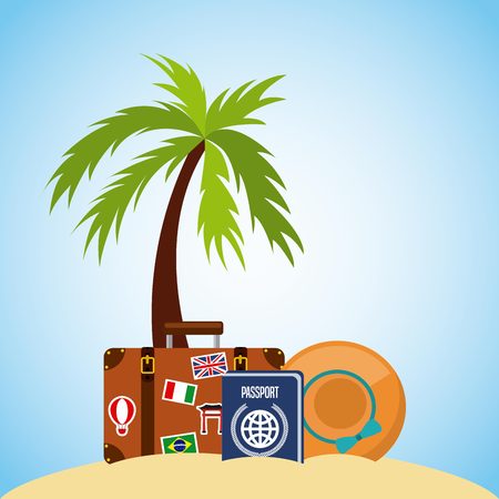 travel suitcase and passport document  in the beach .summer vacation concept. colorful design. vector illustrationのイラスト素材
