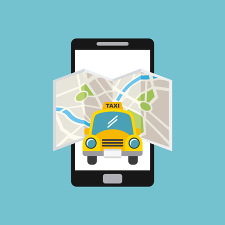 taxi car with city map and smartphone device over blue background. colorful design. vector illustrationのイラスト素材
