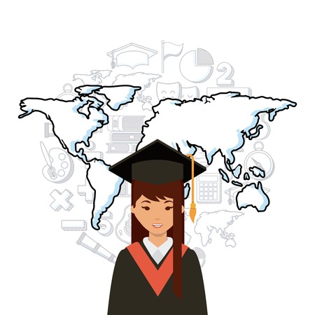 cartoon graduate woman with graduation gown and hat icon over world map background. colorful design. vector illustrationのイラスト素材