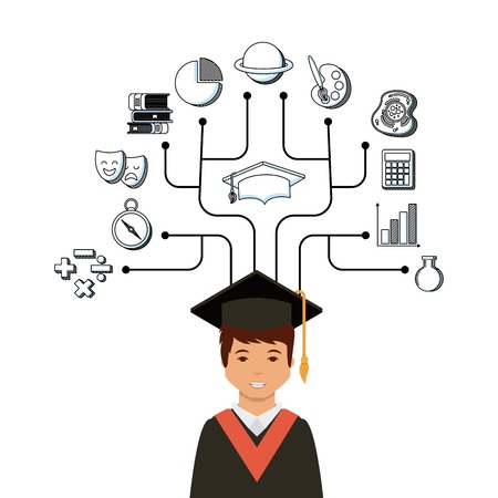cartoon graduate man and academic icons around over white background. colorful design. vector illustrationのイラスト素材