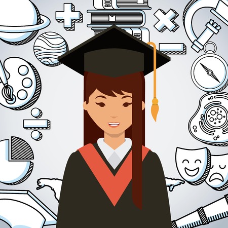 cartoon graduate woman with graduation gown and hat icon over white background. colorful design. vector illustrationのイラスト素材