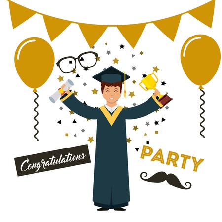 cartoon graduate man with celebration decoration icons over white background. colorful design. vector illustrationのイラスト素材