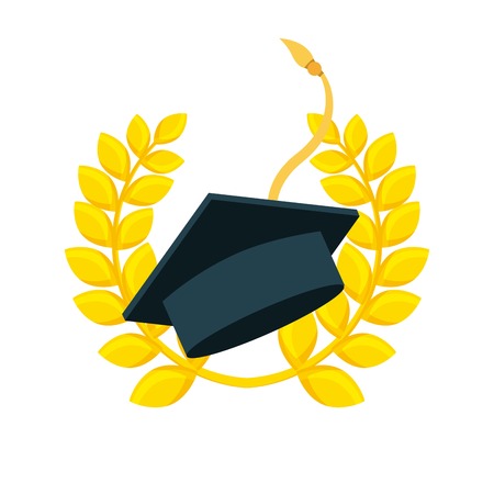 graduation cap with decorative wreath of leaves in gold color over white background. vector illustrationのイラスト素材