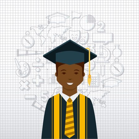 cartoon graduate man smiling with  graduation gown and hat icon over white background. colorful design. vector illustrationのイラスト素材