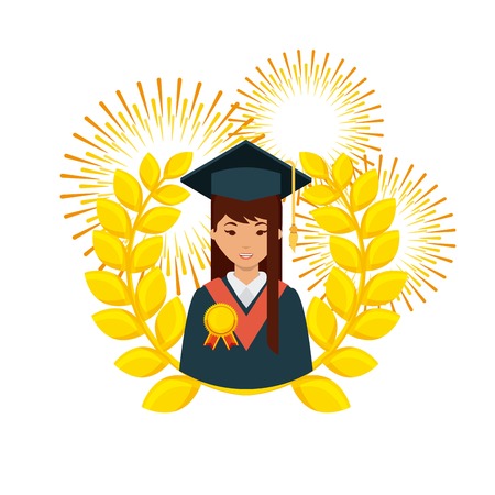 cartoon graduate woman with decorative gold wreath of leaves icon over white background. colorful design. vector illustrationのイラスト素材