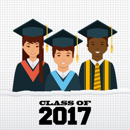 cartoon graduate people with graduation gown and hat. class of 2017 concept. colorful design. vector...