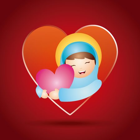 cartoon virgin mary hugging a pink heart over red background. catholic love design. vector illustrationのイラスト素材