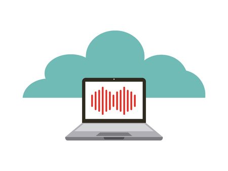 laptop computer with sound waves icon on screen. music and technology concept. colorful design. vector illustrationのイラスト素材