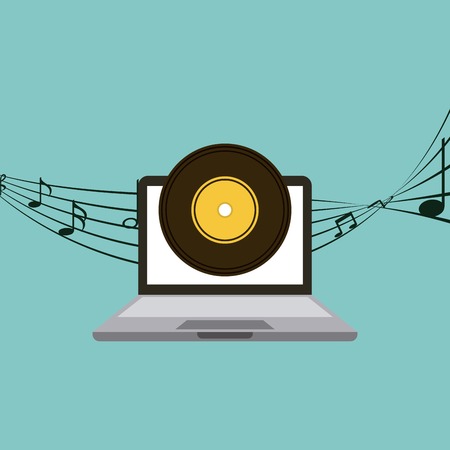 laptop computer with vinyl icon on screen over blue background. colorful design. music and technology design. vector illustrationのイラスト素材