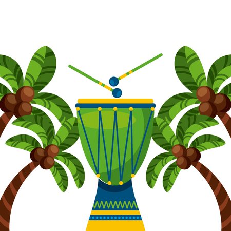 drum instrument of brazil musical culture over palms and white background. colorful design. vector illustrationのイラスト素材
