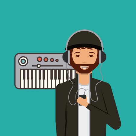 piano and cartoon man smiling wearing casual clothes and with headphones and music player over white background. colorful design. vector illustrationのイラスト素材