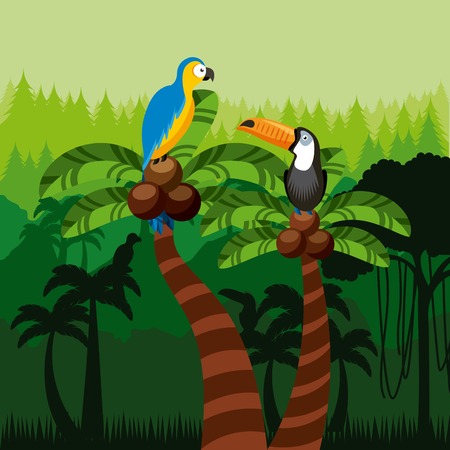 toucan and macaw birds over jungle background. colorful design. vector illustrationのイラスト素材