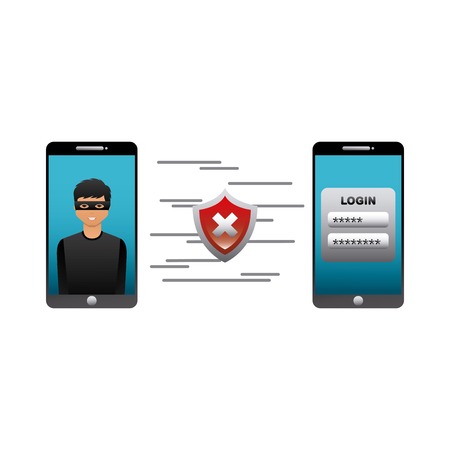 cartoon hacker man on smartphone device screen and wrong shield icon over white background. cyber security concept. colorful design. vector illustrationのイラスト素材