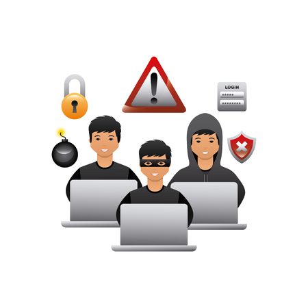 cartoon hackers men with laptops computers and  over white background. cyber security concept. colorful design. vector illustrationのイラスト素材