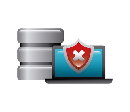 data storage center with laptop computer and wrong shield icon over white background. colorful design. vector illustrationのイラスト素材